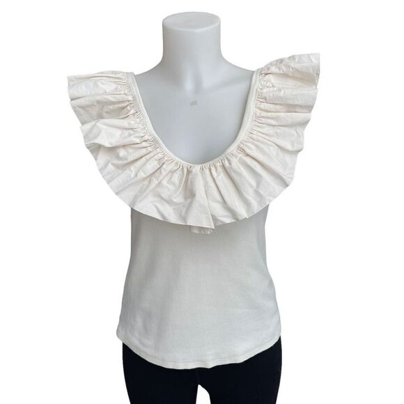 ANTHROPOLOGIE Maeve - Cream Ribbed‎ Tank Top W/ RuffleD Neckline size small - Picture 1 of 9